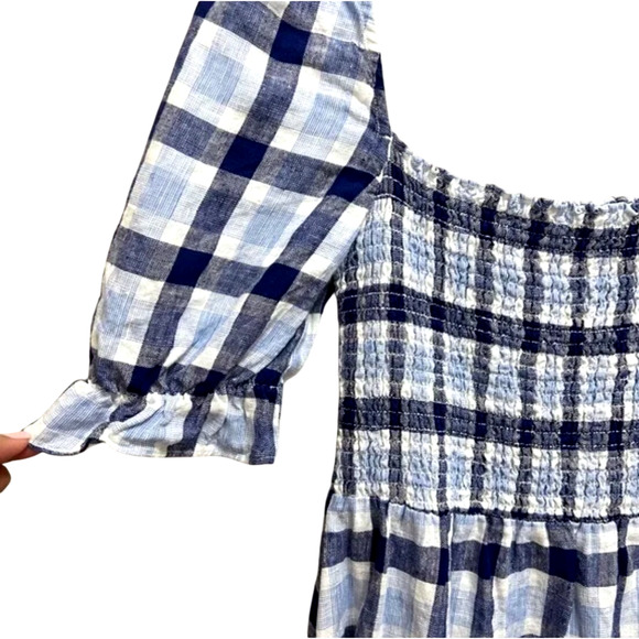 Reformation S Marabella 100% Linen Midi Dress Puff Sleeve Gingham Blue Plaid 4 6 - Picture 6 of 9